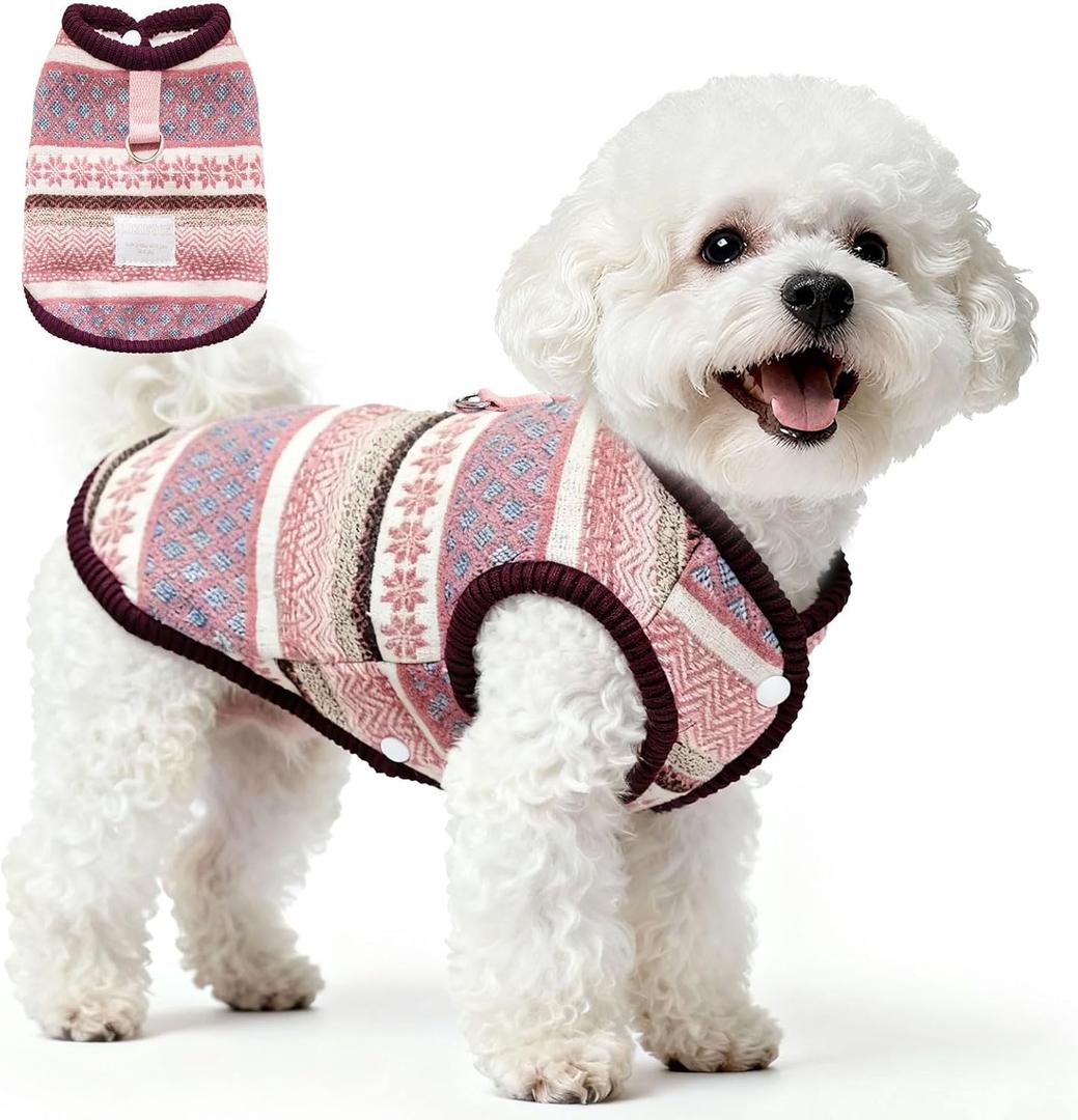Fair Isle Dog Coat Vest for Small Breed Dogs, Winter Fleece Lined Boy Girl Dog Clothes with D-Ring, Cozy Nordic Snowflake Pattern Jacket for Cold Weather Pet Puppy Cats Outfits(Red,Small)