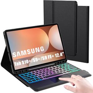 for Samsung Galaxy Tab S9 FE+/ S9+ /S10+ 12.4 inch Case with Keyboard : DIY 3-Zone 7-Color Backlit Detachable Smart Tablet Keyboard Cover with Touchpad - Tab S9 FE Plus / S9 Plus 12.4" Keyboard Case