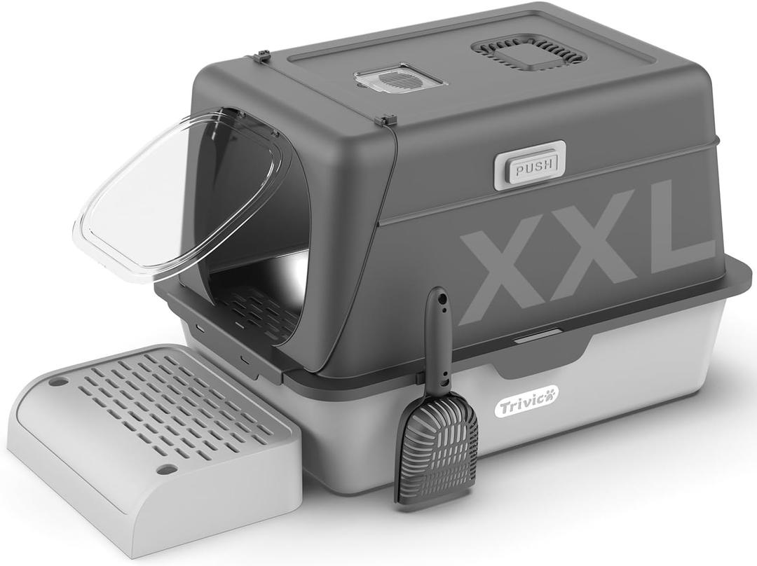 XX-Large Stainless Steel Cat Litter Box with Lid 24"x16.1"x15.2" Large Enclosed Litter Box for Big Cats, Odor Control with Magnetic Door, Easy Clean, Multi-Cat Metal Pan(Grey)