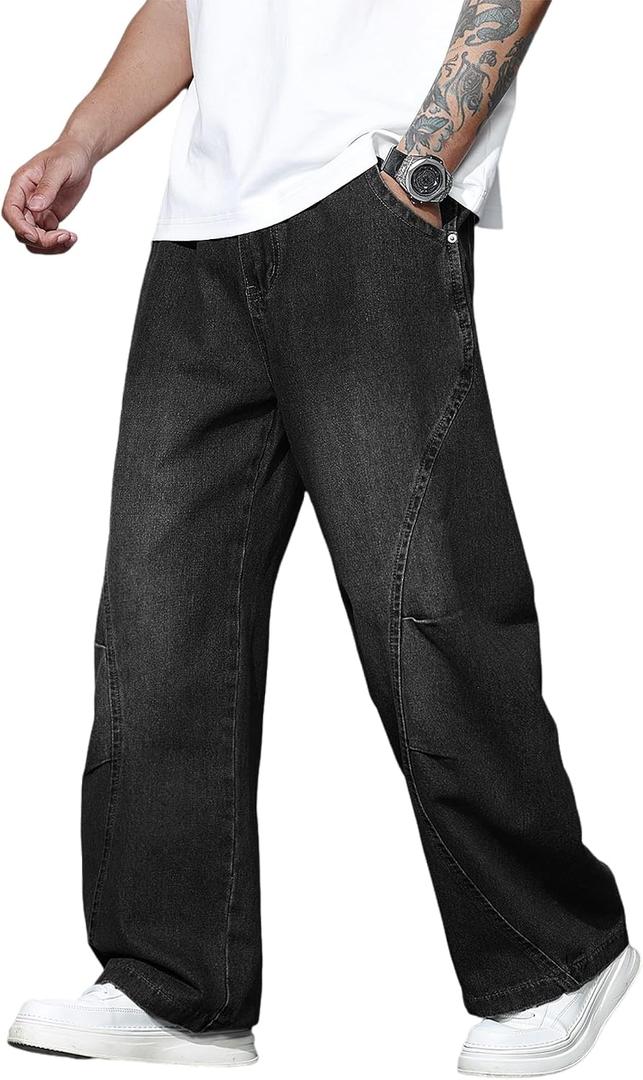 Mens Baggy Jeans Wide Leg Casual Irregular Sutures Denim Pants (Black, XXL)