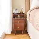 Narrow Walnut Wooden Nightstand with Drawer - 11.8" Small Solid Wood Bedside Table, Modern Dark End Table with Storage Open Shelf & Cable Hole for Bedroom Living Room, 15.7" D x 11.8" W x 19.7" H
