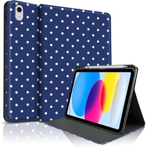 Case for iPad 11th (A16) 11-inch 2025 / 10th Gen 10.9-inch 2022,Cute Polka Dot Stylish Aesthetics Design Protective Cover with Pencil Holder, Anti-Slip, Anti-Shock- Big White Dots DarkBlue