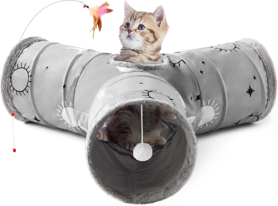 Tempcore Pet Cat Tunnel Tube Cat Toys 3 Way Collapsible, Cat Tunnels for Indoor Cats Fleece-Lined in for WarmthKitty Tunnel Bored Pet Toys Peek Hole Toy Ball Puppy, Kitten, Rabbit Gray Sun