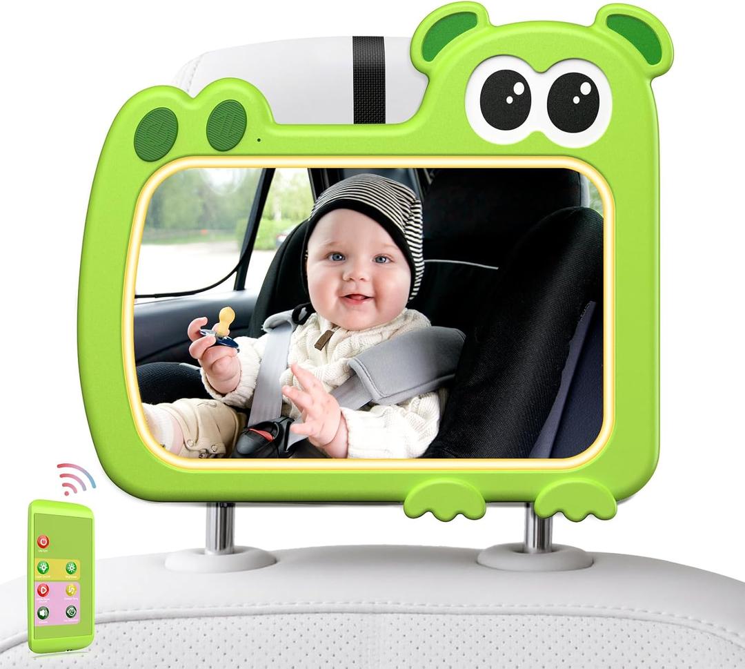 2-in-1 Baby Car Mirror with Lights & Soft Sounds, Cry Detector, Clear Night View, 360 Rotation, Shatterproof, Rear Facing Baby Car Seat Mirror with Remote Control, Perfect Baby Shower Gifts (Green)