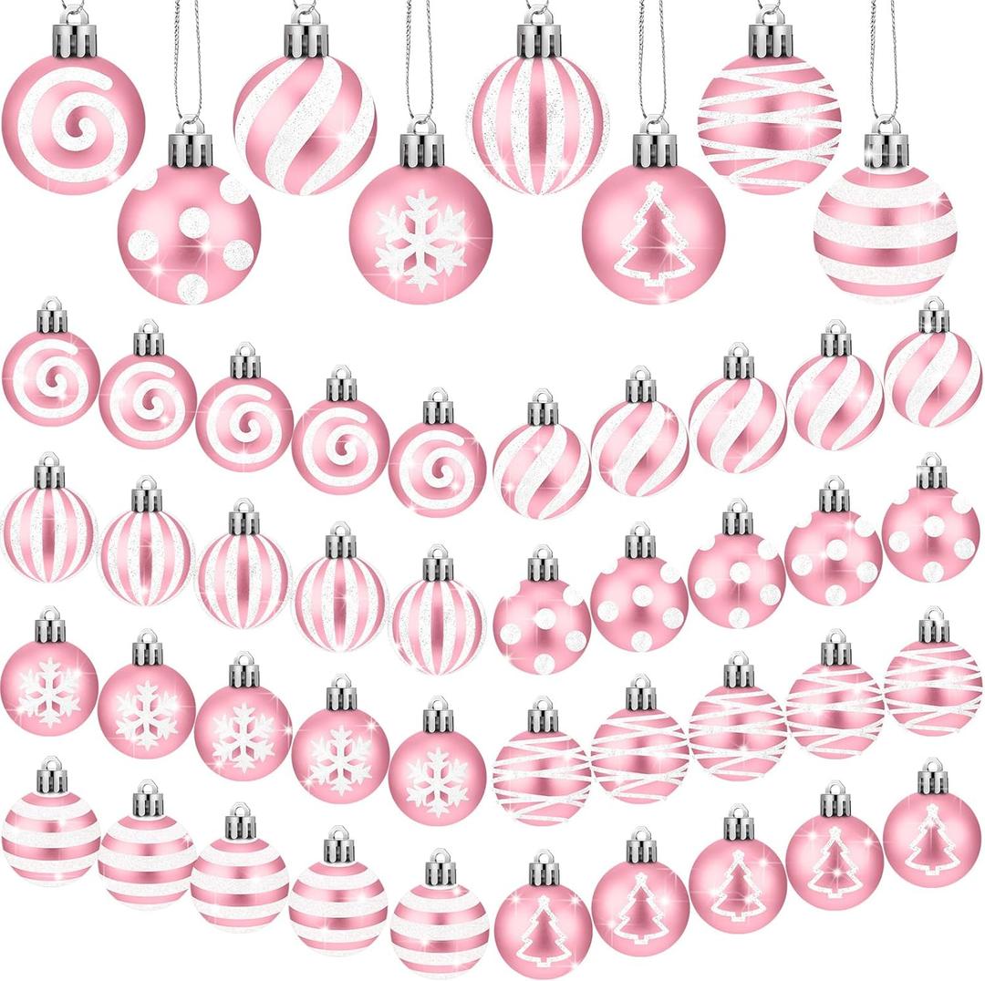 BBTO 40 Pcs Christmas Pink and White Balls 1.18 Inch Stripe Dot Hanging Xmas Balls Plastic Pink Christmas Ornaments Glittering Christmas Ball Decorations for Home Trees Holiday Party Accessories