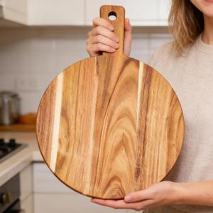 Large Acacia Wood Cutting Board with Handle 17''X13'', Charcuterie Board, Serving Board, Chopping Board for Meat, Cheese, Bread, Vegetables & Fruits (Round)