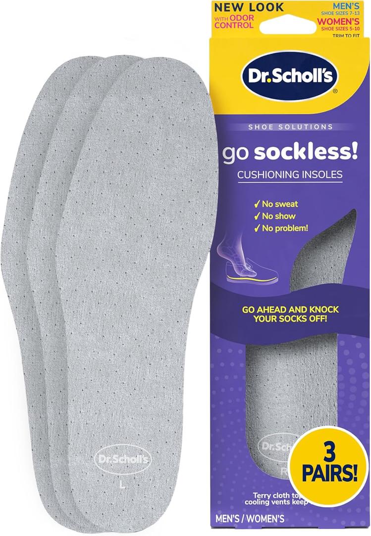 Dr Scholls Go Sockless! Cushioning Insoles for Women Men Unisex, 3 Pairs, Trim to Fit - Absorbs Moisture to Keep Feet Dry, Shoe Inserts for Women Men with Plush Terry Cloth Layer for Added Comfort, Size: M7-13, W5-10