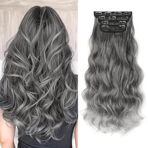 Kookastyle Clip in Hair Extensions, Natural Long Layered Soft Invisible Synthetic Curly Hairpieces for Women,4 pcs(20 InchGrey/Sliver Mixed)