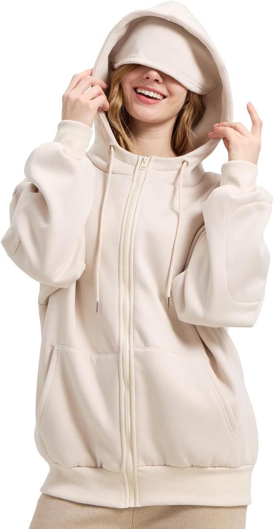 Zip Up Hoodies with Eye Mask & Multi Pockets Unisex Sweatshirts Casual Jackets Comfy Outfits Airplane Mode Hoodie (Beige, L)