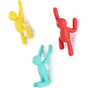Umbra Buddy Wall Hooks  Decorative Wall Mounted Coat Hooks for Hanging Coats, Scarves, Bags, Purses, Backpacks, Towels and More, Set of 3, Bright Multicolored (Sky Blue, Yellow, Red)