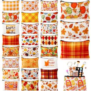 Meanplan 24 Pcs Fall Cosmetic Bags Thanksgiving Makeup Bags Pumpkin Autumn Leaves Sunflower Elements Travel Toiletry Pouch With Zipper for Thanksgiving Day Birthday Party Favor (Light Color)