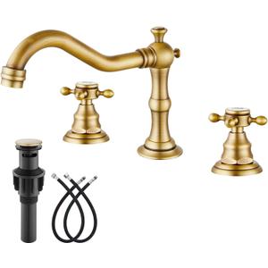 gotonovo Bathroom Faucet 3 Hole 8 Inch Widespread Bathroom Sink Faucet 2 Cross Handles Vintage Lavatory Vanity Mixer Tap with Pop Up Drain, HOT Cold Label, Antique Brass