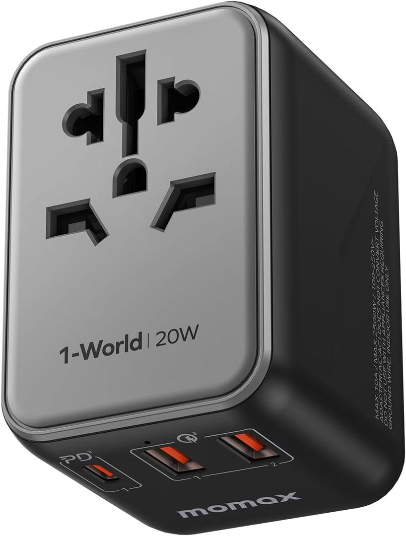 MOMAX Universal Travel Adapter, 20W GaN Fast International Power Adapter, 2 USB A & 1 USB C, Worldwide Travel Plug Adapter, International Power Adapter for Europe, USA, Japan, Australia (Type C/A/G/I) (Black)