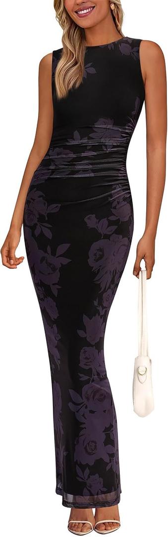 PRETTYGARDEN Womens Summer Wedding Guest Dress 2026 Spring Mesh Sleeveless Bodycon Ruched Floral Holiday Maxi Long Dresses, S