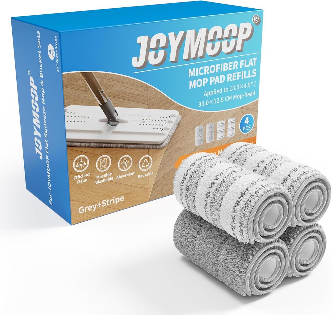 JOYMOOP Mop Replacement Pads, 4-Pack 13" 4.9" Microfiber Flat Mop Refills, Dual Grey & Stripe Pads for Wet & Dry Cleaning, Fits JOYMOOP Mop Head Refills, Machine Washable, Durable, Scratch-Free