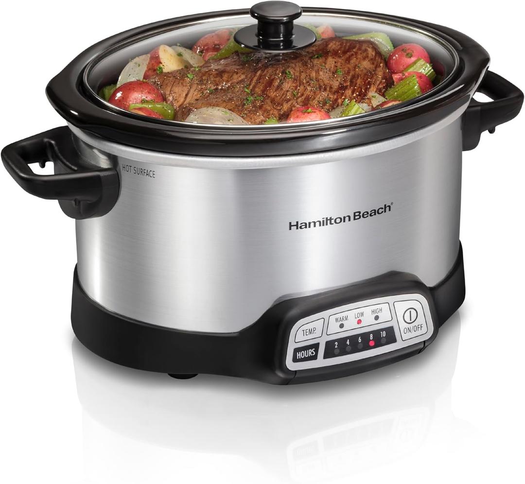 Hamilton Beach 4 Quart Programmable Slow Cooker with Flexible Easy Programming, 5 Cooking Times, Dishwasher-Safe Crock & Lid, Silver (33443)