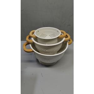 Metal Colander with Wood Handles - Set of 3 - Light Icing White