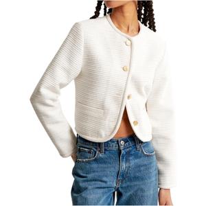 Women's Tweed Jackets Long Sleeve Crew Neck Button Down Cropped Jacket Coat with Pockets (Black, L)