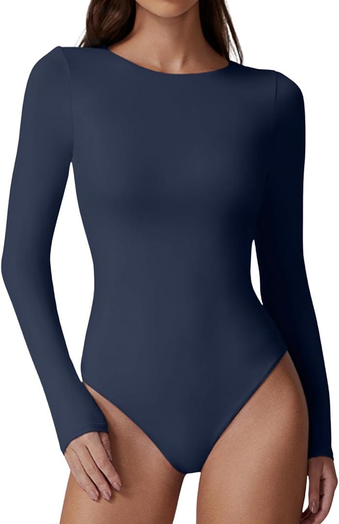QINSEN Womens Crew Neck Long Sleeve Bodysuit Double Lined Body Suits Basic T-Shirt Tops (Large, Navy) QINSEN Womens Crew Neck Long Sleeve Bodysuit Double Lined Body Suits Basic T-Shirt Tops (Large, Navy)