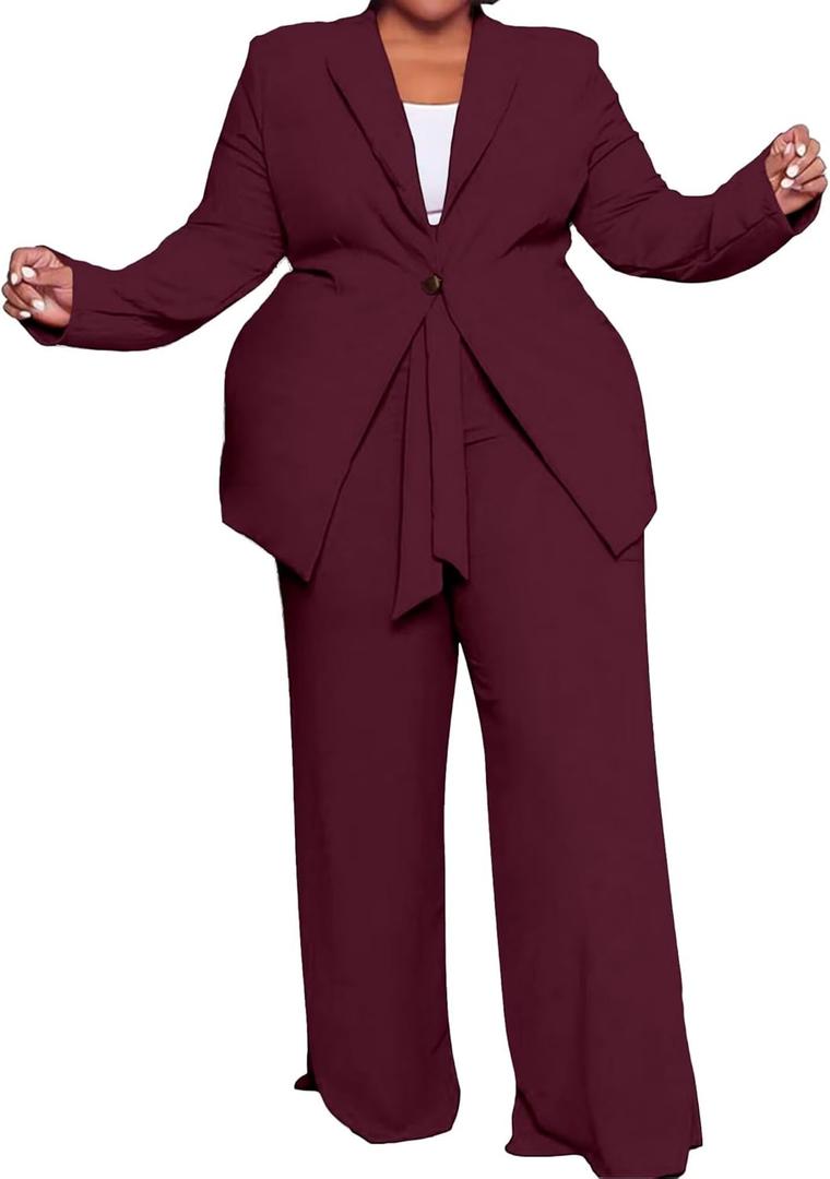 IyMoo Plus Size Suits for Women Business Open Front Long Sleeve Blazer Elastic Waist Solid Straight Leg Pant Set Suits (3X-Large, Wine Red)