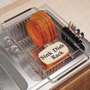 Over the Sink Expandable Dish Drainer Drying Rack In Stainless Steel for Small Kitchen, Counter Space Saving Modern Compact Metal Above Plate Dryer Strainer, Adjustable Hanging Inside Drain Holder