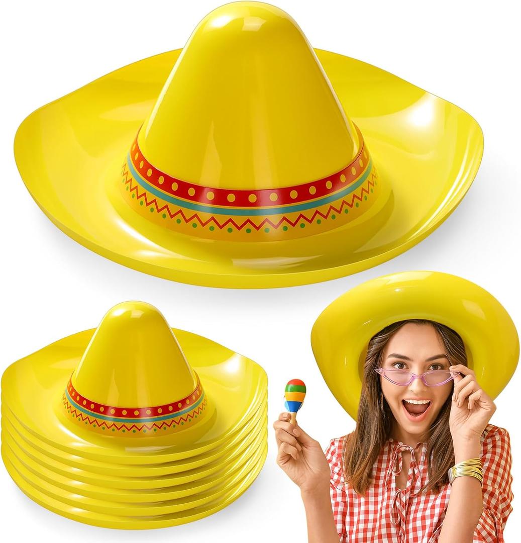 Hicarer 6 Pack Mexican Hats for Adults, Cinco De Mayo Fiesta Party Sombrero Yellow Plastic Hats
