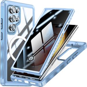 Privacy Case for Samsung Galaxy S25, Compatible MagSafe, Galaxy S25 Magnetic Cover Built-in Privacy Screen Protector and Camera Protector, Full Body Case for Samsung S25, Blue