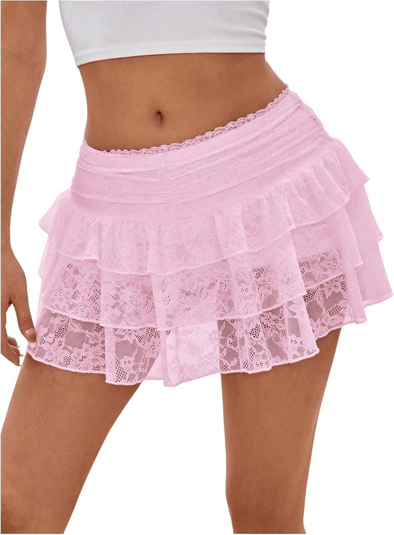 SHENHE Women's Lace Mini Skirts Y2K Low Rise Layered Ruffle Flowy Summer Casual Mini Skirt (Medium, Pink)