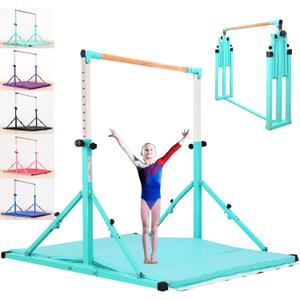 MARFULA 5FT Gymnastic Bar with Mat Set Gymnastics Horizontal Bar Gymnastics Kip Bar Teal Bar for Kids Home Use
