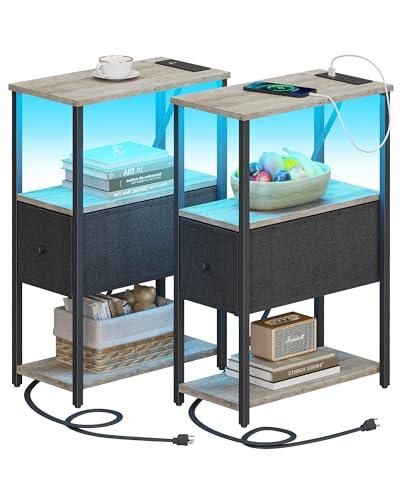 TUTOTAK Small Narrow LED End Table with Charging Station, Side Table Outlets, Nightstand with Cloth Drawer, Set of 2, Couch Table, for Living Room, Bedroom, Bedside, Greige TB01BG059