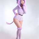 Mobbunny Women Anime Derivative Romper Onesie Pajamas Fluffy Bodysuit Hooded Jumpsuit with Tail Belt and Socks (Purple, M)