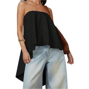 SweatyRocks Women's Asymmetrical High Low Tube Tops Open Back Strapless Flowy Bandeau Blouses (X-Large, Black)