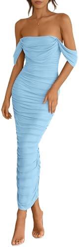 PRETTYGARDEN Womens 2025 Summer Off The Shoulder Dress Ruched Bodycon Sleeveless Split Cocktail Party Maxi Dresses XL
