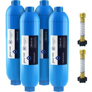 GLACIER FRESH RV/Marine Water Filter with 2 Flexible Hose Protector, Greatly Reduces Bad Taste, Odors, Chlorine and Sediment in Drinking Water, 4 Pack