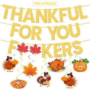 Pre-Strung Friendsgiving Banner, Gold Glitter Friendsgiving Party Decorations,Funny Thanksgiving Decorations with Hanging Swirls for Indoor Home Office