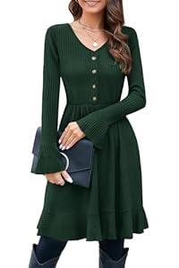 ULTRANICE Women's Sweater Dress Fall Long Bell Sleeve V Neck Button Casual Flared Winter Dresses(Green, M)