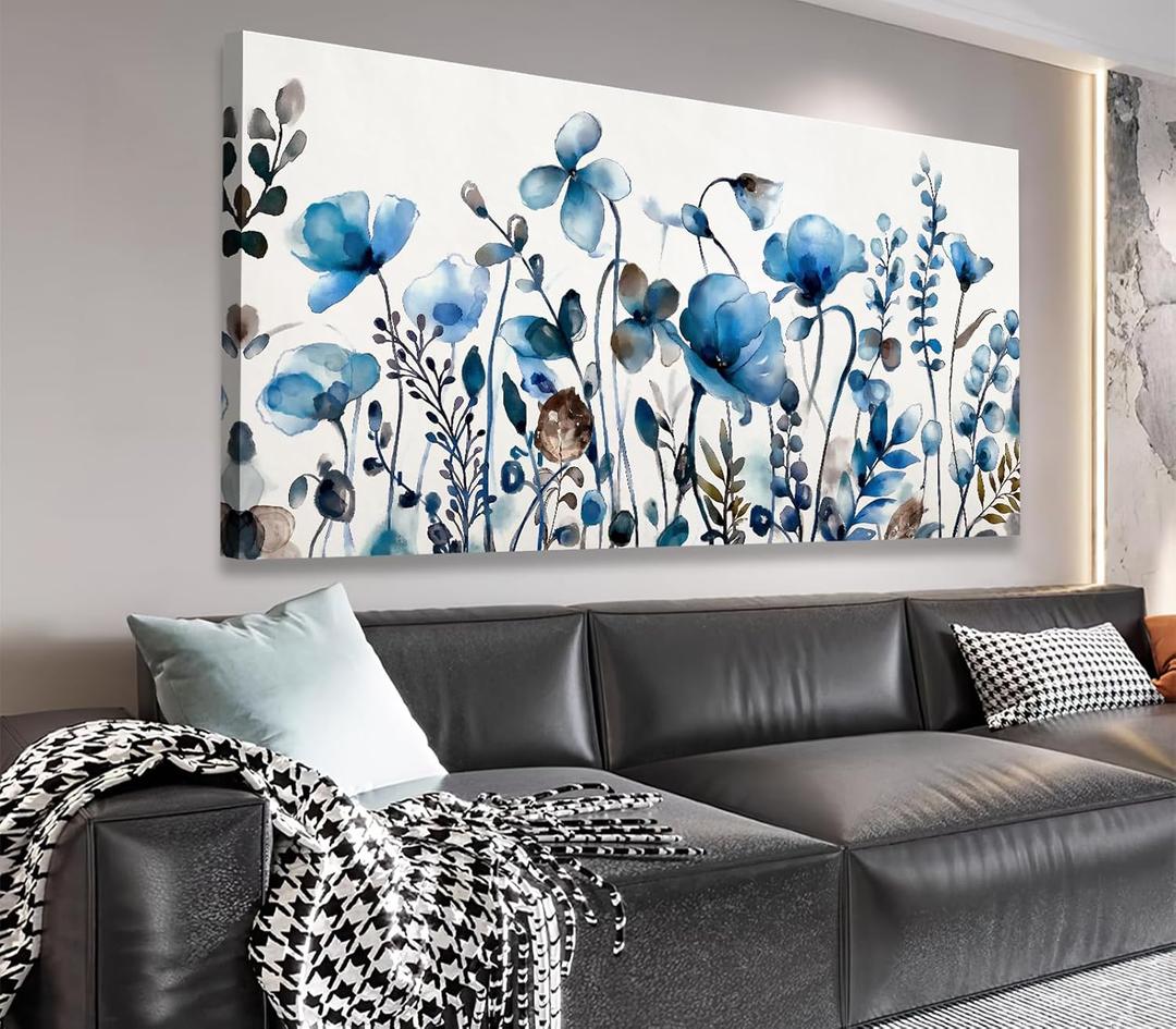 VEAEE Floral Wall Art, Abstract Indigo Flowers Canvas Pictures, Living Room Wall Decor, Modern Landscape Painting, Botanical Grass Artwork for Bedroom Bathroom Kitchen Office Wall Decor 20"x 40"