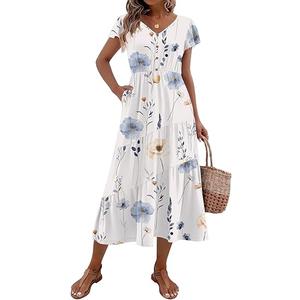 Zeagoo Women's Summer Casual Dress Flutter Short Sleeve V Neck Button Down Tiered Flowy Long Dress with Pockets (Small)