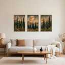 HOURIA Vintage Boho Nature Moonlight Forest Mountain Framed Canvas Wall Art Set,Wilderness Dark Moon Woodland Floral Decor,Retro Wildflower Field Landscape Artwork for Living Room,Farmhouse-24 x36 x3