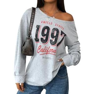 SOFIA'S CHOICE Women's Graphic Off Shoulder Tops Oversized Long Sleeve Shirts Grey, Small