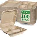 Aricsen Compostable 100 Pack 8x8 Inch 3 Compartment Takeout Lunch Box Containers with Lid To Go Take Out Clamshell for Food, Disposable Eco-Friendly Biodegradable Bagasse, PFAS-Free, Unbleached Brown