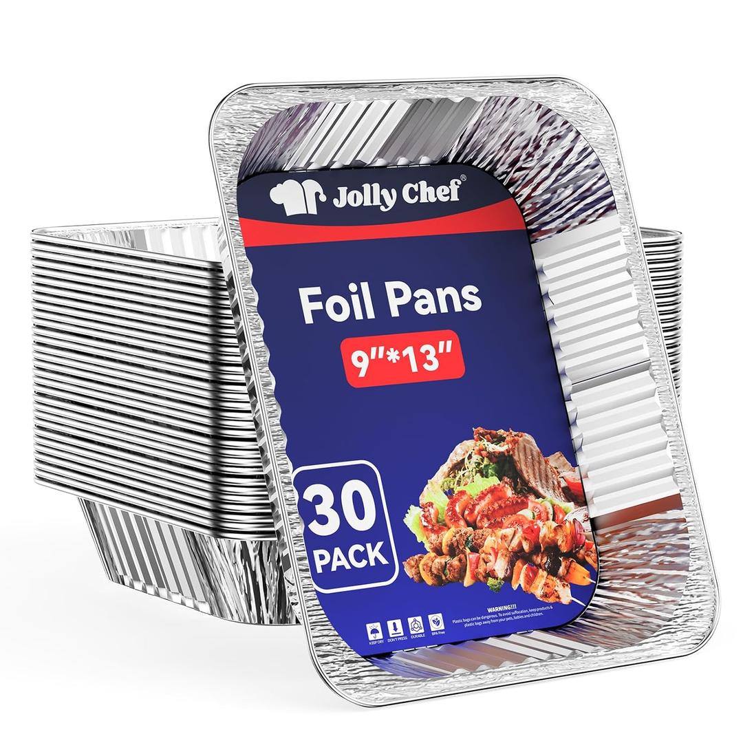 JOLLY CHEF 9x13 Aluminum Foil Pans (30 Pack) - Disposable Half Size Deep Steam Foil Pans for Roasting Turkey, Lasagna, Casseroles - Thanksgiving, Christmas, Parties, Catering