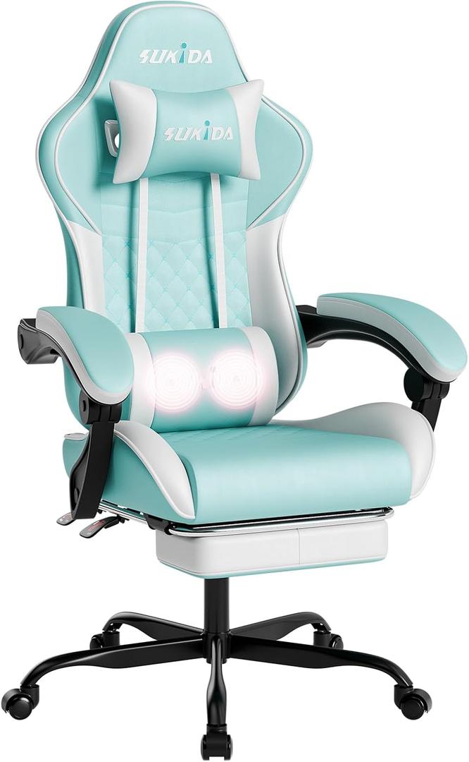Ergonomic Video Gamer Chairs Gaming Computer Chair Gamer Chairs for Adults Massage Lumbar Support Swivel Height Adjustable Headrest Backrest (Green)