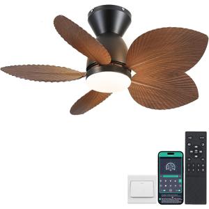 Low Profile Ceiling Fans with Lights and Remote/APP Control, 30 Inch Small Tropical Ceiling Fan with Light Flush Mount, Outdoor Palm Leaf Ceiling Fans for Patios Porch, Quiet, Brown
