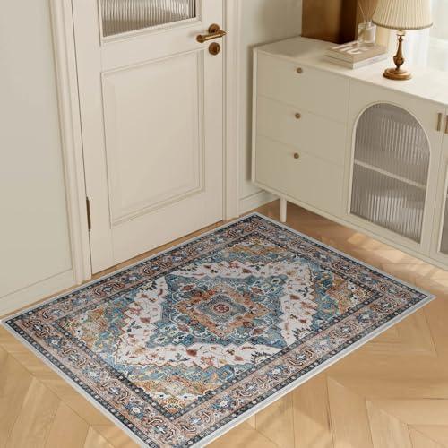 YLAREE Washable Area Rugs, 3x5 Soft Non-Slip Soft Bedroom Living Room Accent Throw Boho Vintage Entry Floor Carpet for Dining Room Bathroom Entryway (Blue & Brown)