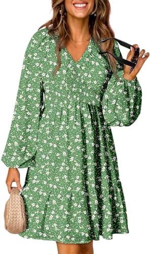 Dokotoo Fall Dresses for Women 2025 Boho Floral V Neck Long Sleeve Smocked Elastic Waist Casual A-Line Mini Dress Sundress M
