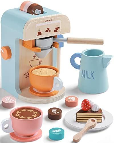 Tiny Land Kids Coffee Maker Wooden Kitchen Toys - 17Pcs Toy Coffee Maker Playset - Wooden Play Toys, Play Kitchen Accessories for Girls & Boys