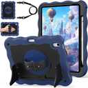 ZoneFoker for iPad A16 11th Generation 2025 / 10th Gen Case 2022, for 11 Inch / 10.9 Inch iPad Case Heavy Duty Cover Shockproof with Pencil Holder [360 Rotate Strap] & Stand, Navy Blue
