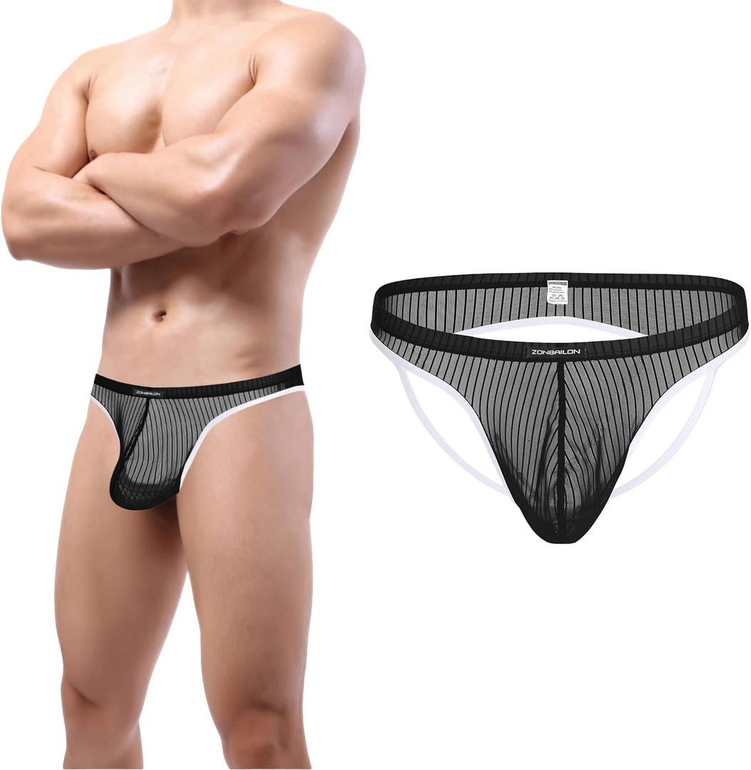 SUMABA Mens Sheer Bulge Enhancing Jockstrap Briefs See Through Flex Thongs Underwear Pack, Medium