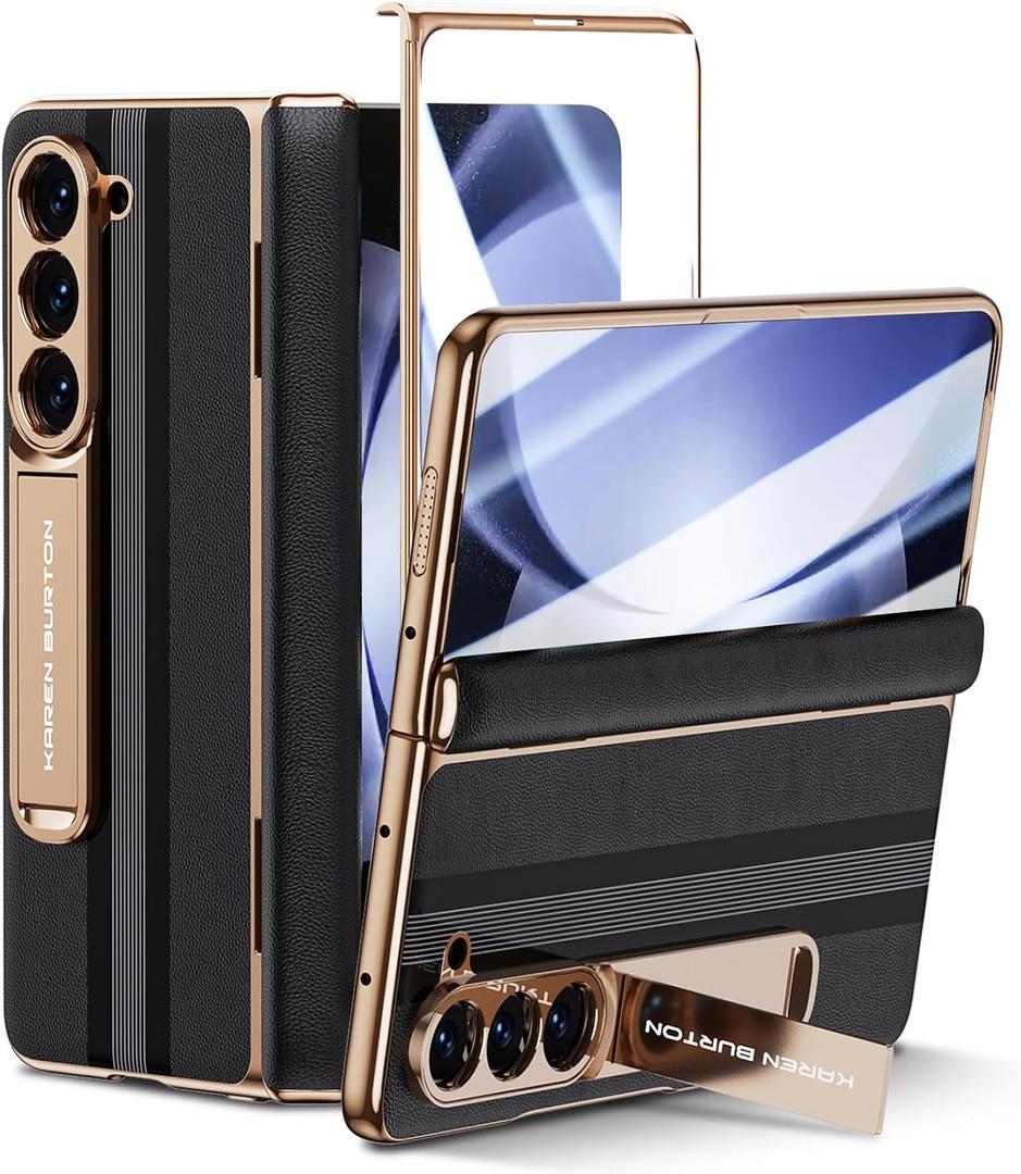 for Samsung Galaxy Z Fold 5 Phone Case [Luxury Premier Genuine Leather] [Full Body Hinge Protection] [Built-in Screen Protector] [Kickstand Slim Protective Cover] for Galaxy ZFold 5 (Black)